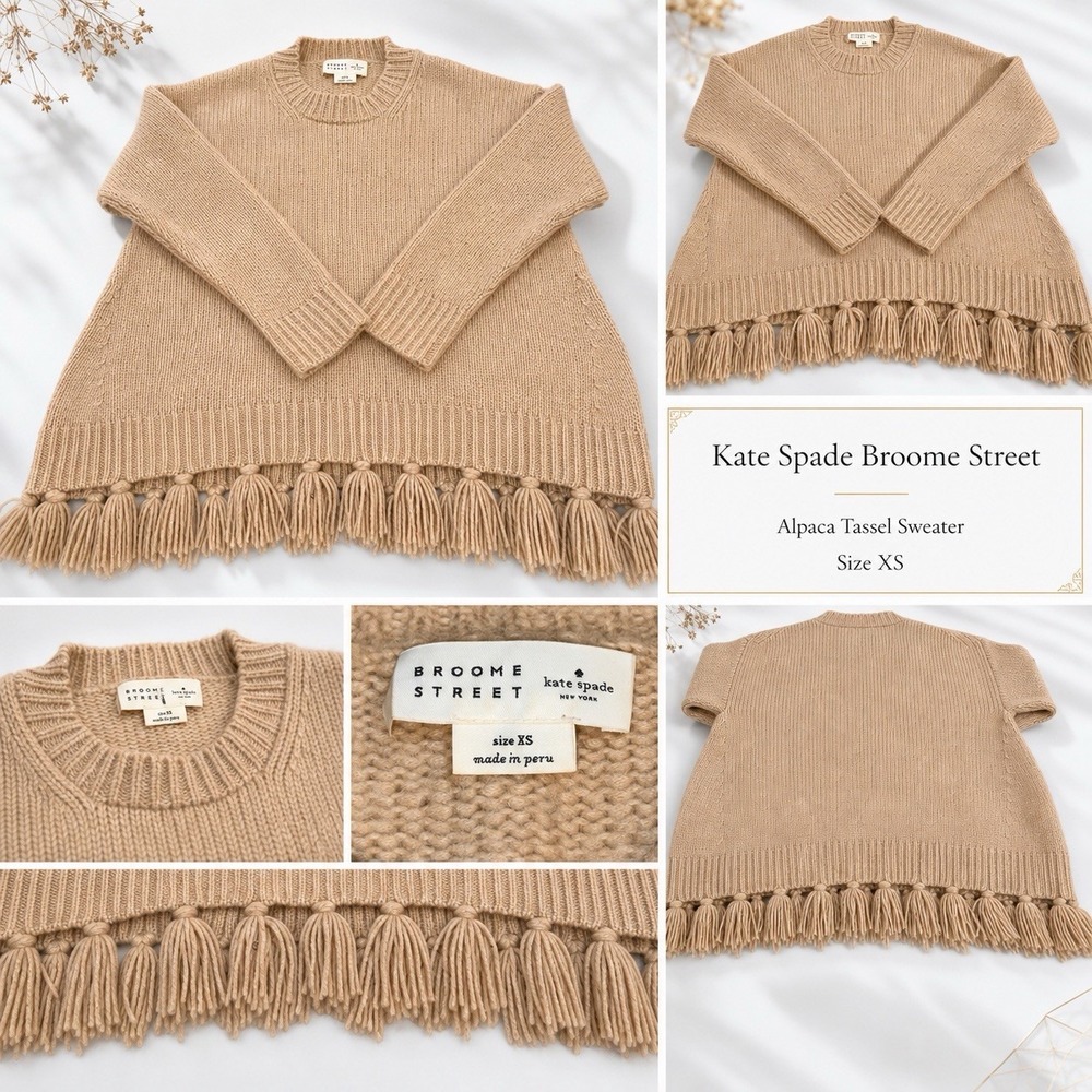 Kate Spade Broome Street Alpaca Tassel Fringe Pullover Sweater Caramel Tan XS